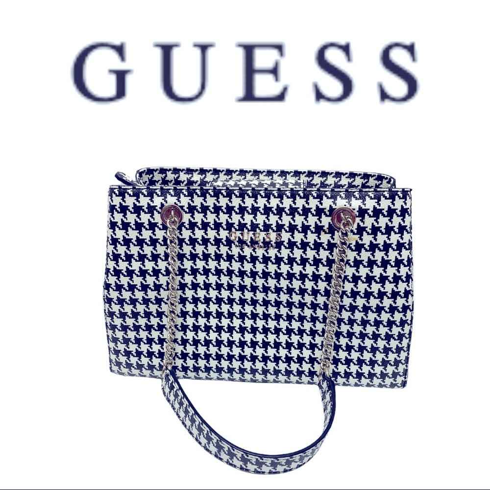 GUESS PURSE BLACK AND WHITE W/SILVER ACCENTS AND CHAIN HANDLE
